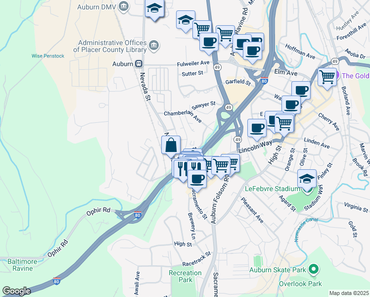 map of restaurants, bars, coffee shops, grocery stores, and more near 287 Placer Street in Auburn