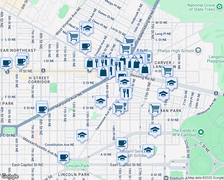 map of restaurants, bars, coffee shops, grocery stores, and more near 101 Independence Avenue Southeast in Washington