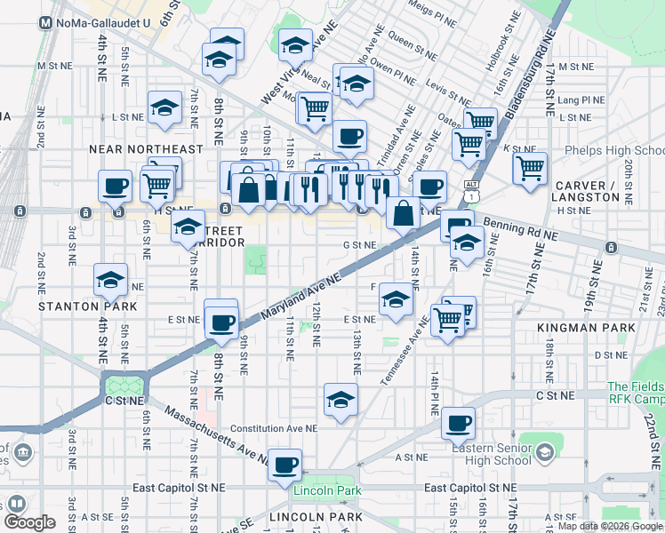 map of restaurants, bars, coffee shops, grocery stores, and more near 101 Independence Avenue Southeast in Washington