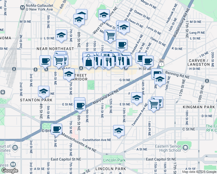 map of restaurants, bars, coffee shops, grocery stores, and more near 101 Independence Avenue Southeast in Washington