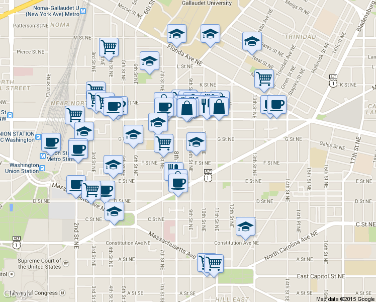 map of restaurants, bars, coffee shops, grocery stores, and more near 101 Independence Avenue Southeast in Washington