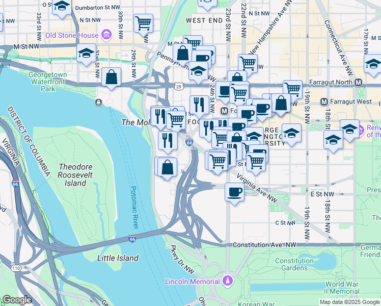 map of restaurants, bars, coffee shops, grocery stores, and more near 601 24th Street Northwest in Washington