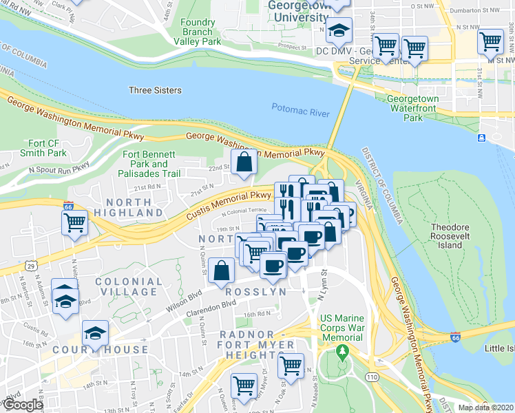 map of restaurants, bars, coffee shops, grocery stores, and more near 101 Independence Avenue Southeast in Washington