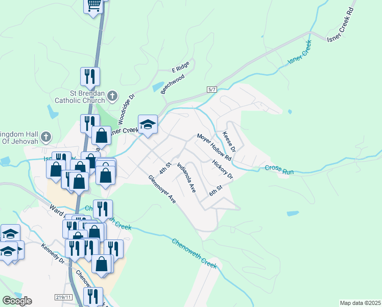 map of restaurants, bars, coffee shops, grocery stores, and more near 201-207 Midland Drive in Elkins