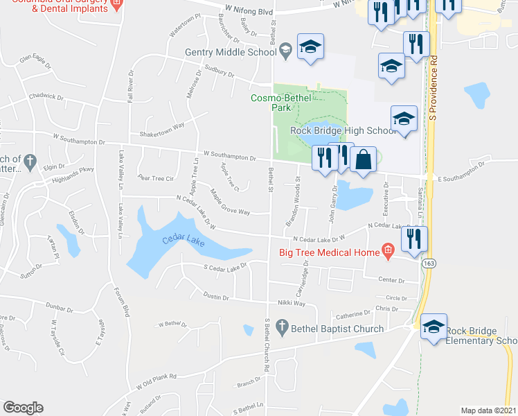 map of restaurants, bars, coffee shops, grocery stores, and more near 155 Maple Grove Way in Columbia