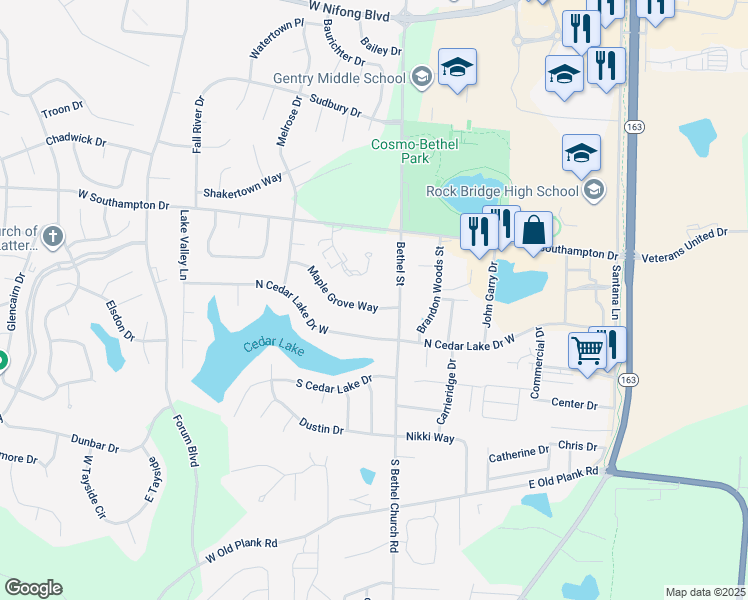 map of restaurants, bars, coffee shops, grocery stores, and more near 155 Maple Grove Way in Columbia