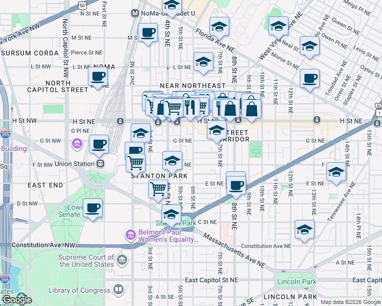 map of restaurants, bars, coffee shops, grocery stores, and more near 101 Independence Avenue Southeast in Washington