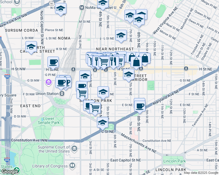 map of restaurants, bars, coffee shops, grocery stores, and more near 625 5th Street Northeast in Washington