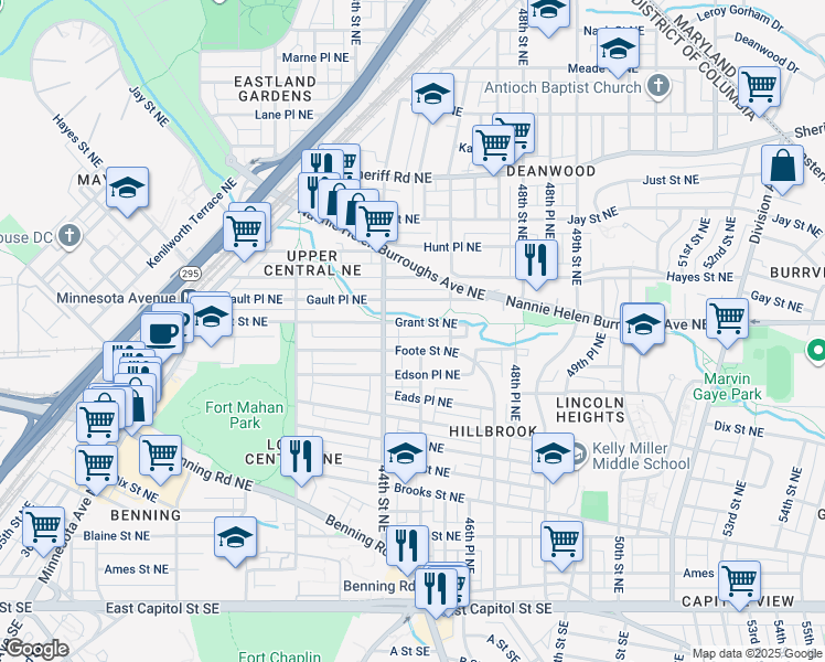 map of restaurants, bars, coffee shops, grocery stores, and more near 4419 Grant Street Northeast in Washington