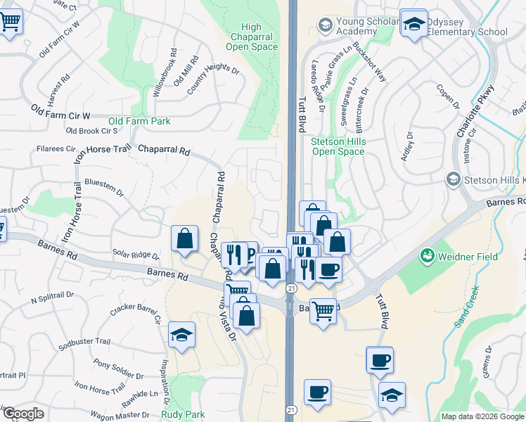 map of restaurants, bars, coffee shops, grocery stores, and more near 5850 Welkin Circle in Colorado Springs