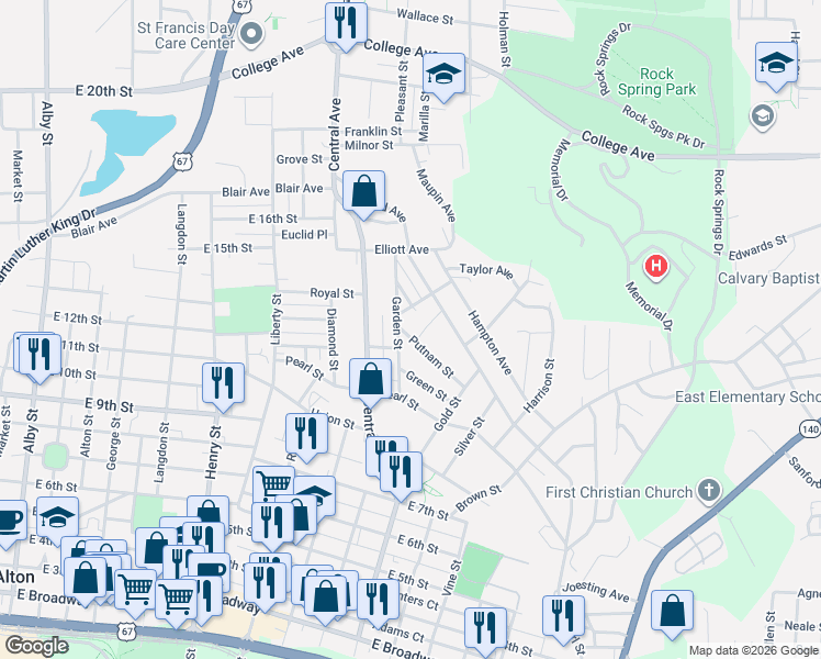 map of restaurants, bars, coffee shops, grocery stores, and more near 1206 Garden Street in Alton