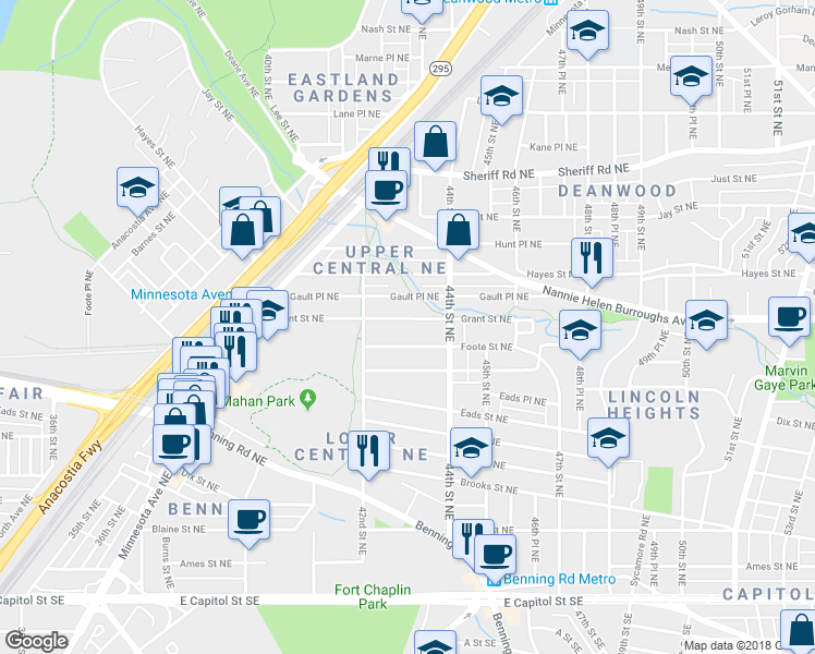 map of restaurants, bars, coffee shops, grocery stores, and more near 4225 Grant Street Northeast in Washington