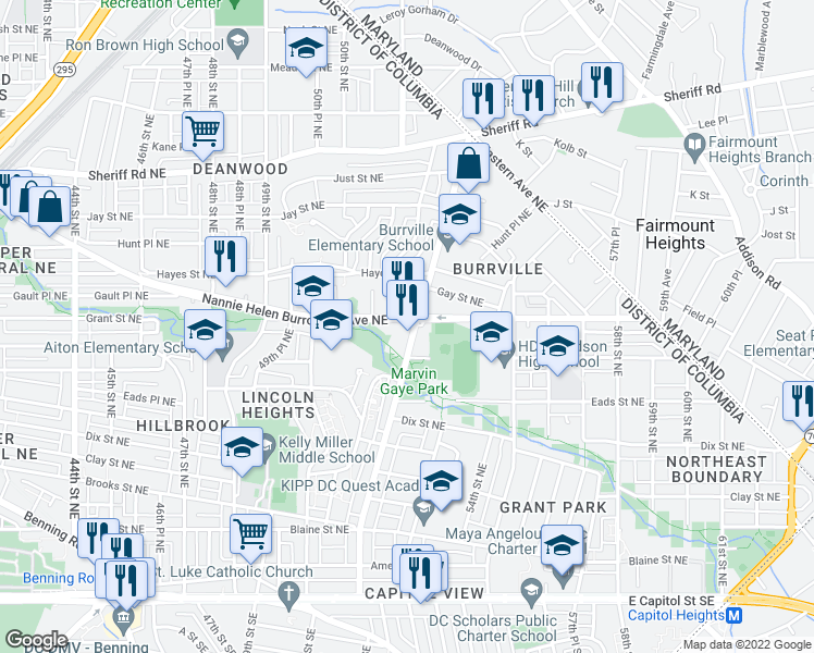 map of restaurants, bars, coffee shops, grocery stores, and more near 5129 Nannie Helen Burroughs Avenue Northeast in Washington