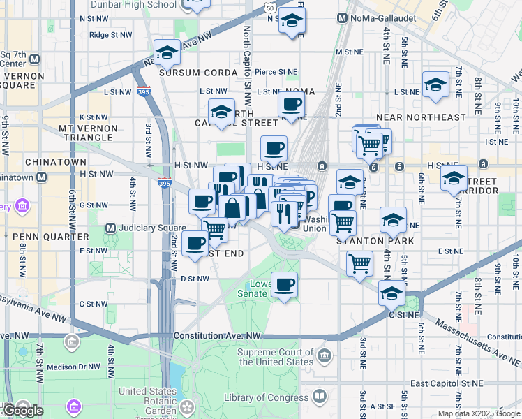 map of restaurants, bars, coffee shops, grocery stores, and more near 20 Massachusetts Avenue Northwest in Washington