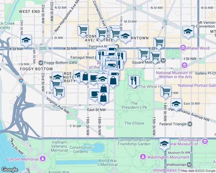 map of restaurants, bars, coffee shops, grocery stores, and more near 1700 G Street Northwest in Washington
