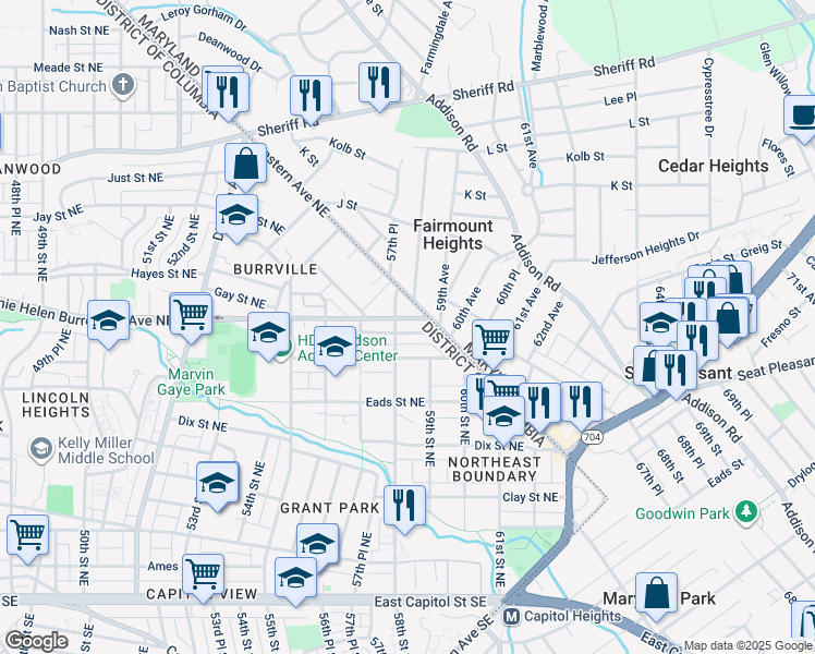 map of restaurants, bars, coffee shops, grocery stores, and more near 5806 Field Place Northeast in Washington