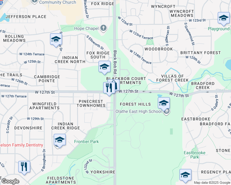 map of restaurants, bars, coffee shops, grocery stores, and more near West 127th Street & South Blackbob Road in Olathe
