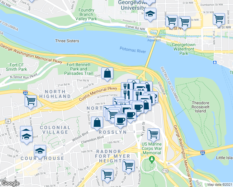 map of restaurants, bars, coffee shops, grocery stores, and more near 1569 North Colonial Terrace in Arlington