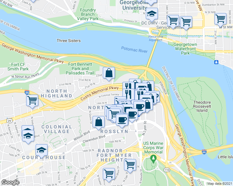 map of restaurants, bars, coffee shops, grocery stores, and more near 1573 North Colonial Terrace in Arlington