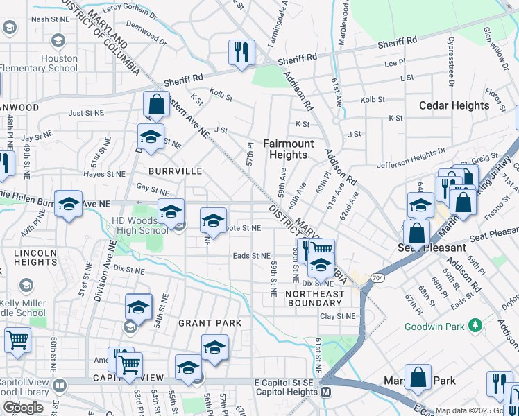 map of restaurants, bars, coffee shops, grocery stores, and more near 5806 Field Place Northeast in Washington