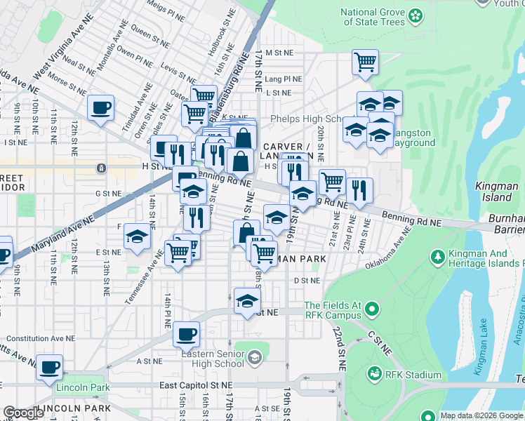 map of restaurants, bars, coffee shops, grocery stores, and more near 101 Independence Avenue Southeast in Washington