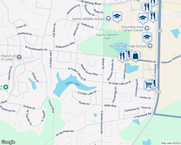 map of restaurants, bars, coffee shops, grocery stores, and more near 257 Maple Grove Way in Columbia