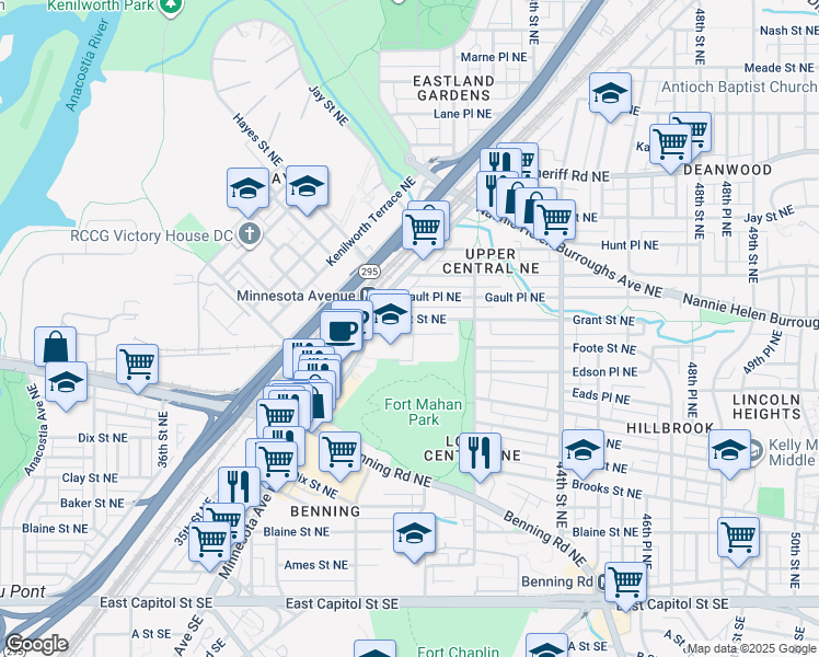 map of restaurants, bars, coffee shops, grocery stores, and more near 4035 Grant Street Northeast in Washington