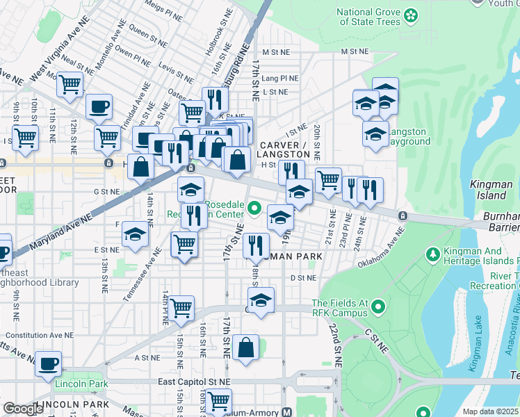 map of restaurants, bars, coffee shops, grocery stores, and more near 1712 Gales Street Northeast in Washington