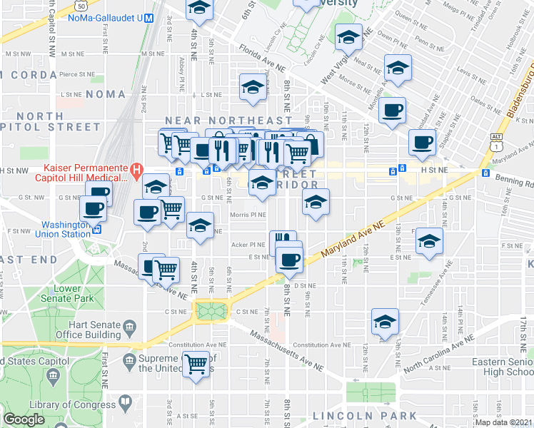 map of restaurants, bars, coffee shops, grocery stores, and more near 7th Street Northeast & Morris Place Northeast in Washington