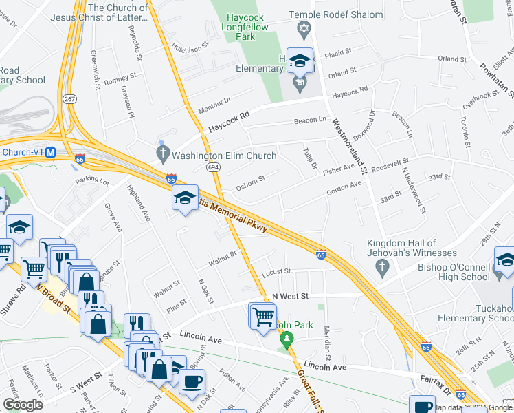 map of restaurants, bars, coffee shops, grocery stores, and more near 6707 Fisher Avenue in Falls Church