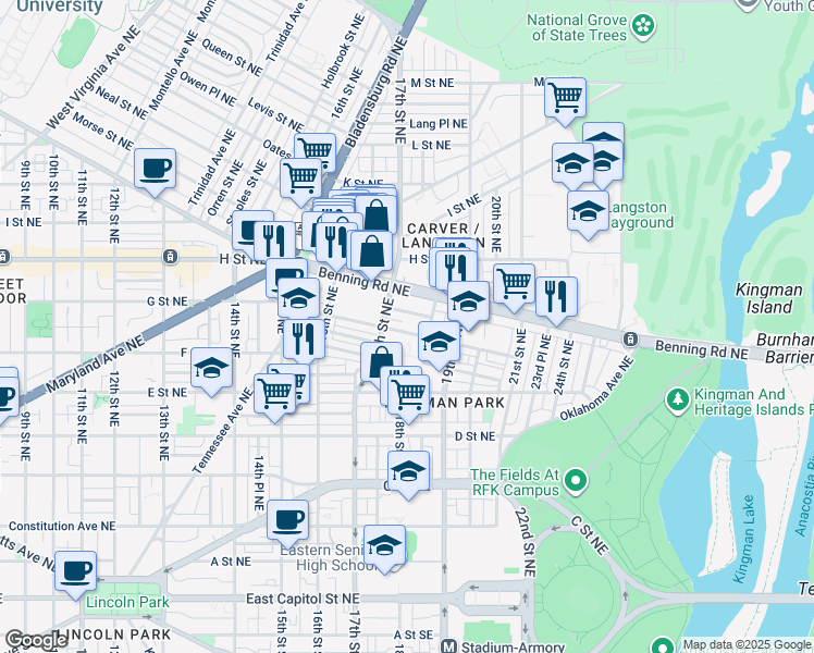 map of restaurants, bars, coffee shops, grocery stores, and more near 1712 Gales Street Northeast in Washington