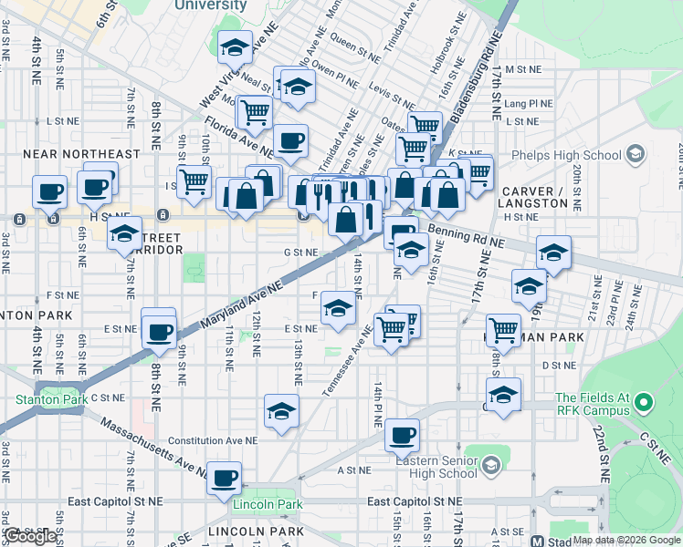 map of restaurants, bars, coffee shops, grocery stores, and more near 101 Independence Avenue Southeast in Washington