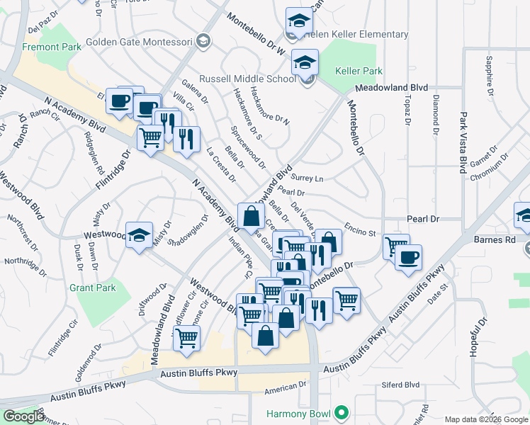 map of restaurants, bars, coffee shops, grocery stores, and more near 4555 La Cresta Drive in Colorado Springs