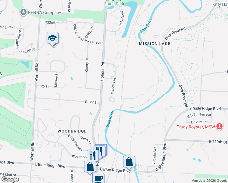 map of restaurants, bars, coffee shops, grocery stores, and more near 12604 Charlotte Street in Kansas City