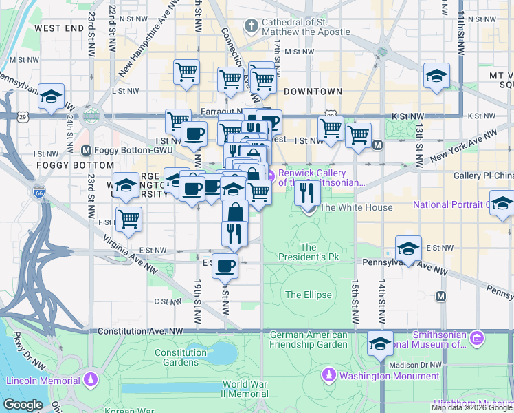 map of restaurants, bars, coffee shops, grocery stores, and more near in Washington