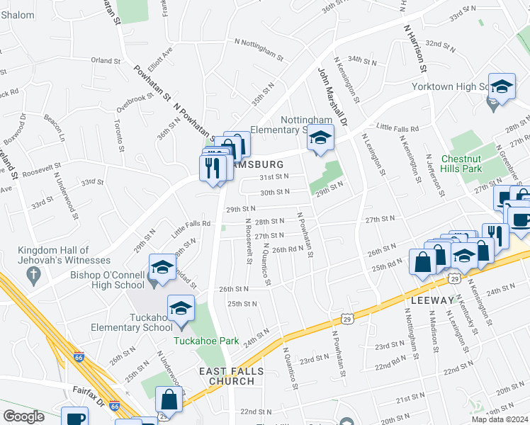 map of restaurants, bars, coffee shops, grocery stores, and more near 6300 29th Street North in Arlington