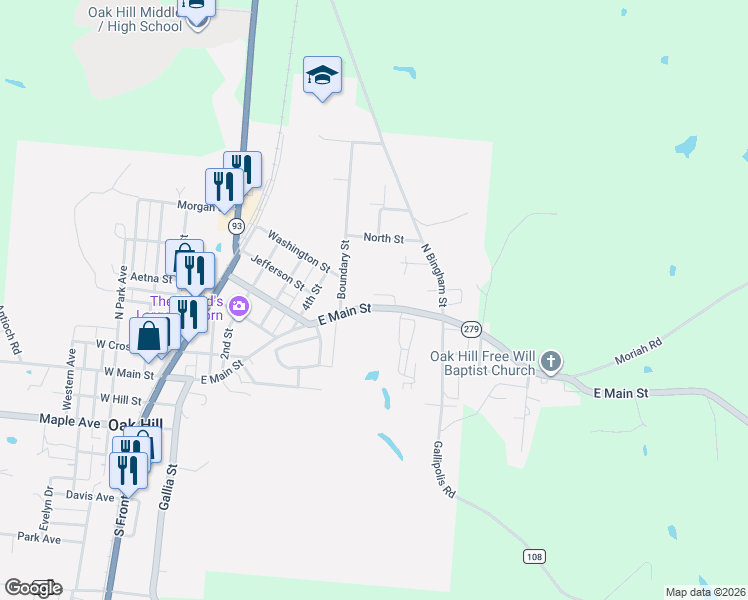 map of restaurants, bars, coffee shops, grocery stores, and more near 827 East Main Street in Oak Hill