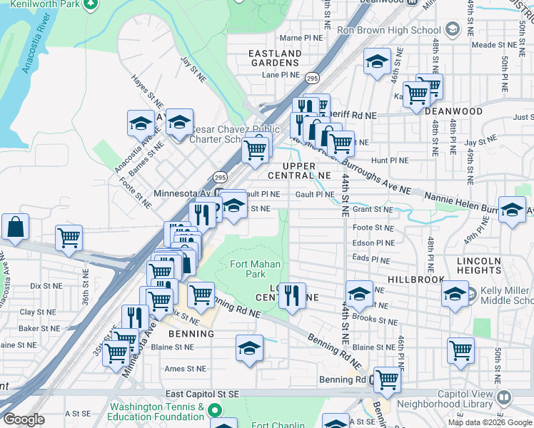 map of restaurants, bars, coffee shops, grocery stores, and more near 4065 Grant Street Northeast in Washington