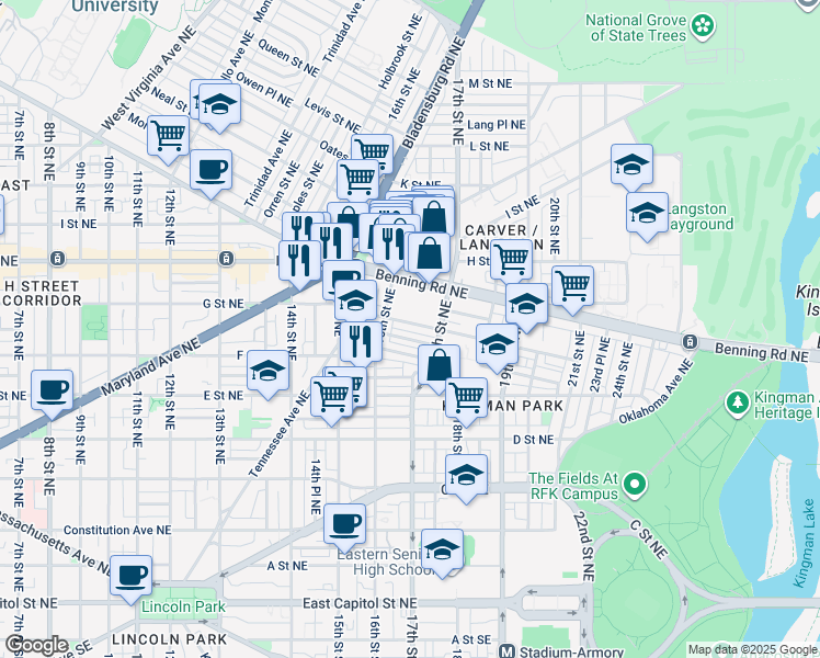 map of restaurants, bars, coffee shops, grocery stores, and more near 1631 Gales Street Northeast in Washington