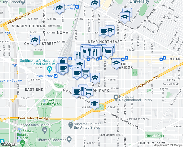 map of restaurants, bars, coffee shops, grocery stores, and more near 630 4th Street Northeast in Washington