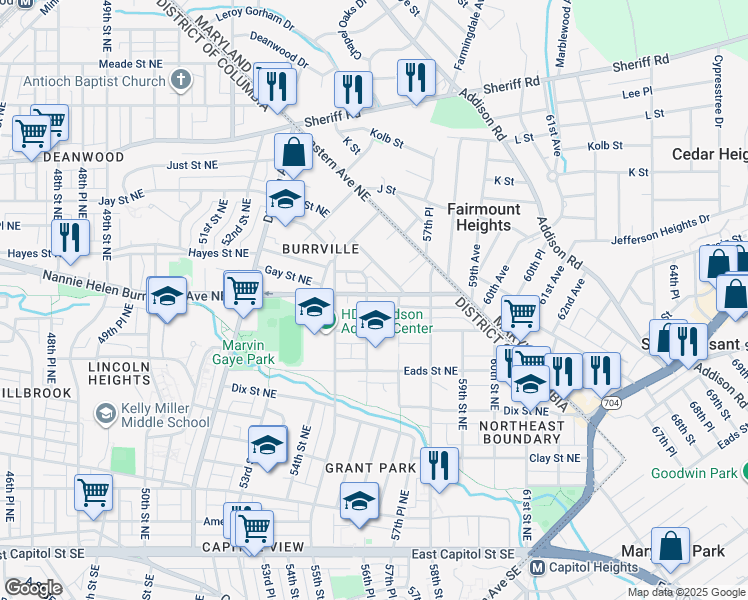 map of restaurants, bars, coffee shops, grocery stores, and more near 5601 Nannie Helen Burroughs Avenue Northeast in Washington