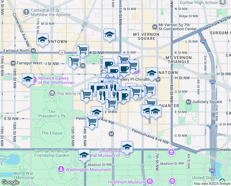 map of restaurants, bars, coffee shops, grocery stores, and more near 1120 G Street Northwest in Washington