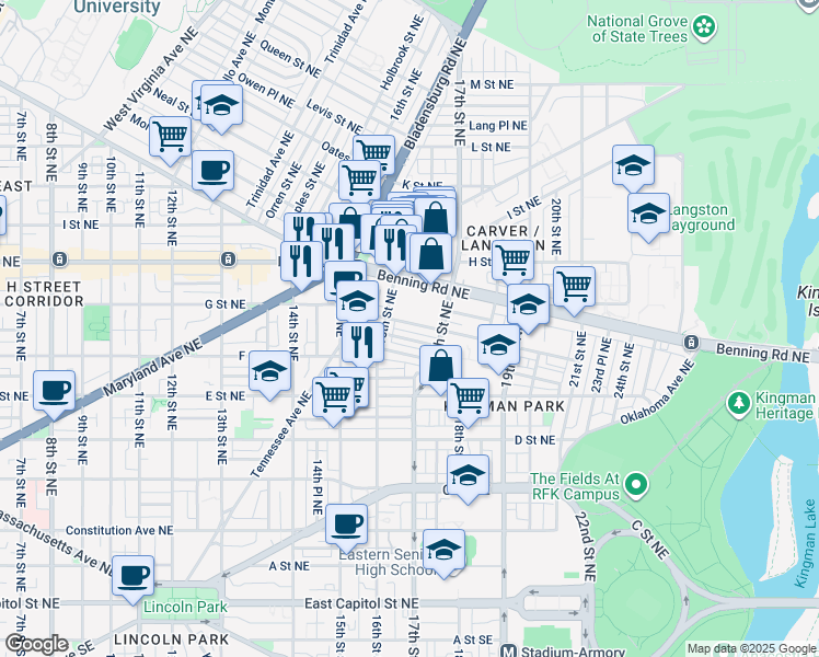 map of restaurants, bars, coffee shops, grocery stores, and more near 1627 Gales Street Northeast in Washington