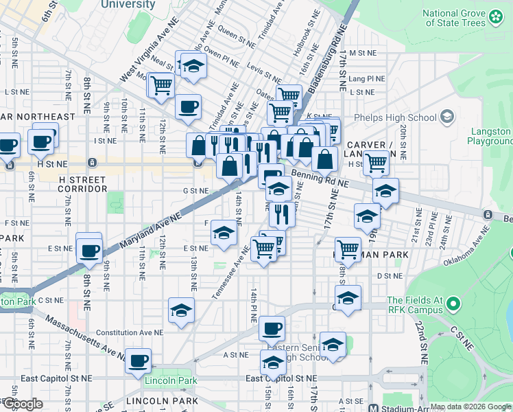 map of restaurants, bars, coffee shops, grocery stores, and more near 629 14th Place Northeast in Washington