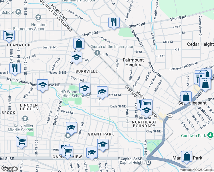 map of restaurants, bars, coffee shops, grocery stores, and more near 5615 Nannie Helen Burroughs Avenue Northeast in Washington