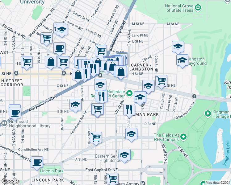 map of restaurants, bars, coffee shops, grocery stores, and more near 1631 Gales Street Northeast in Washington