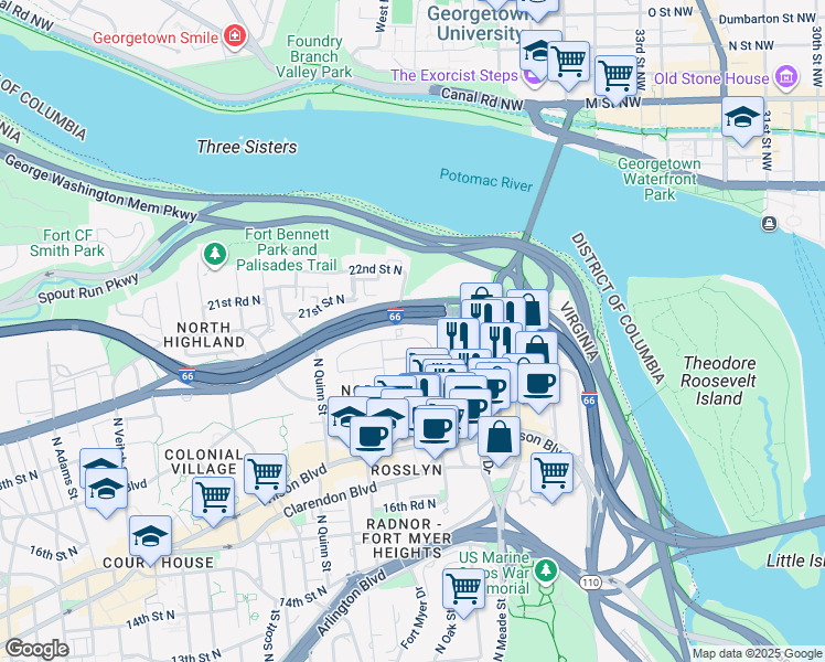 map of restaurants, bars, coffee shops, grocery stores, and more near 1581 North Colonial Terrace in Arlington