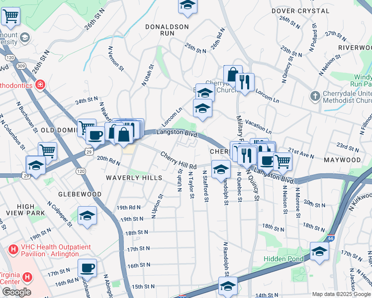 map of restaurants, bars, coffee shops, grocery stores, and more near 4300 Old Dominion Drive in Arlington