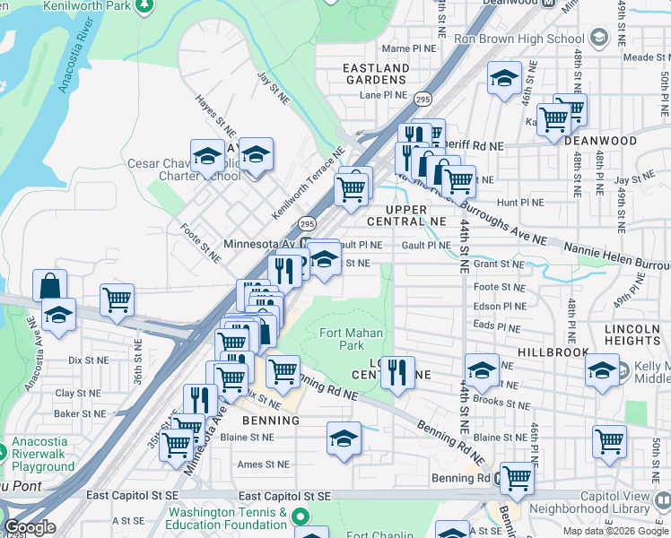 map of restaurants, bars, coffee shops, grocery stores, and more near 4029 Grant Street Northeast in Washington