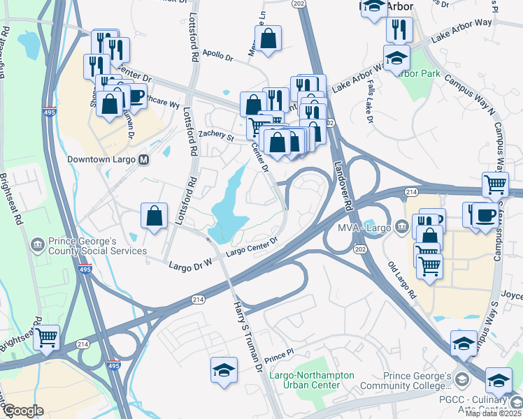 map of restaurants, bars, coffee shops, grocery stores, and more near 9808 Lake Point Court in Upper Marlboro